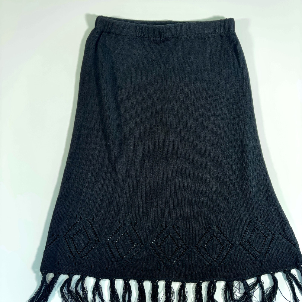 Vintage 90s Black Knit Midi Skirt Fringe Hem Rayon Sweater Skirt Boho Minimalist